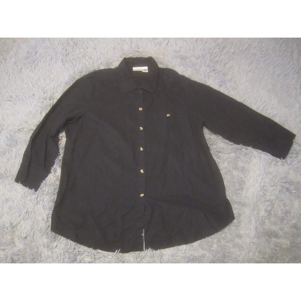 Liz Baker Button Up Shirt Womens 1X Black Linen Cotton 3/4 Sleeve Tunic Top